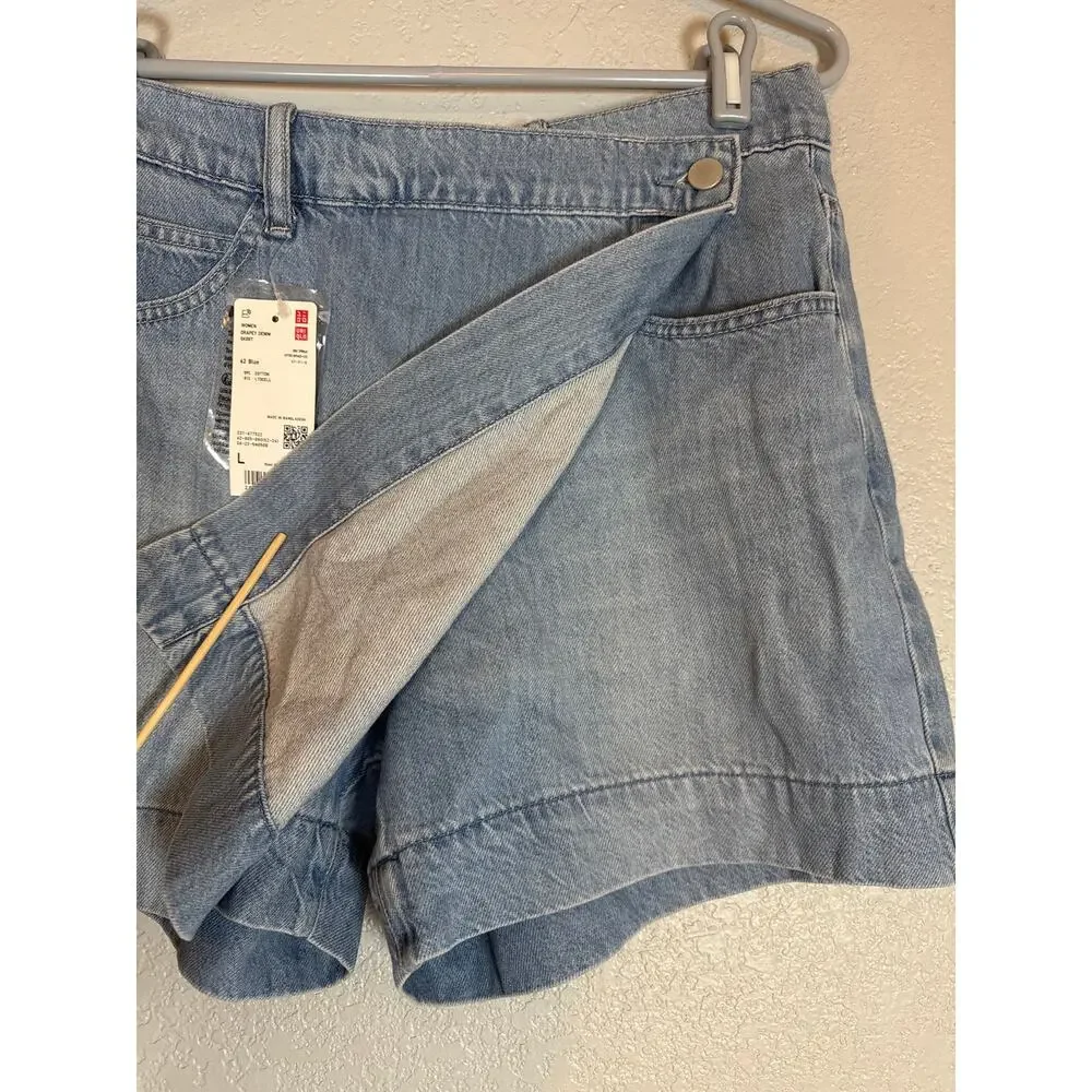 Uniqlo Drapey Denim Skort Wrap Skirt Light Blue Jean Cotton Mini Womens Large
